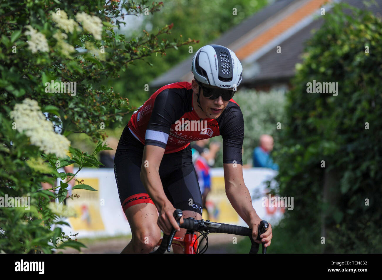 Melton Mowbray, Leicestershire, UK,  9th June 2019. Samuel Watson, Fensham Howes - MAS Design in action from the 2019 6th Junior CiCLE Classic Cycle Race in Melton Mowbray part of the British Cycling National Junior Road Race Series. @ Credit: David Partridge/Alamy Live News Stock Photo