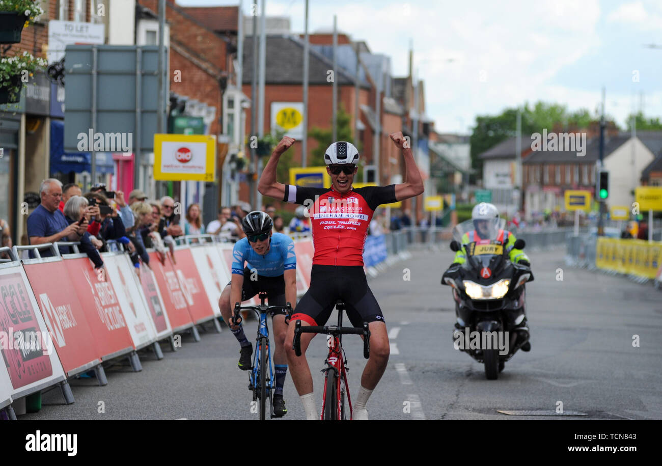 Melton Mowbray, Leicestershire, UK,  9th June 2019. Samuel Watson, Fensham Howes - MAS Design crosses the line to win the 2019 6th Junior CiCLE Classic Cycle Race in Melton Mowbray part of the British Cycling National Junior Road Race Series. @ Credit: David Partridge/Alamy Live News Stock Photo