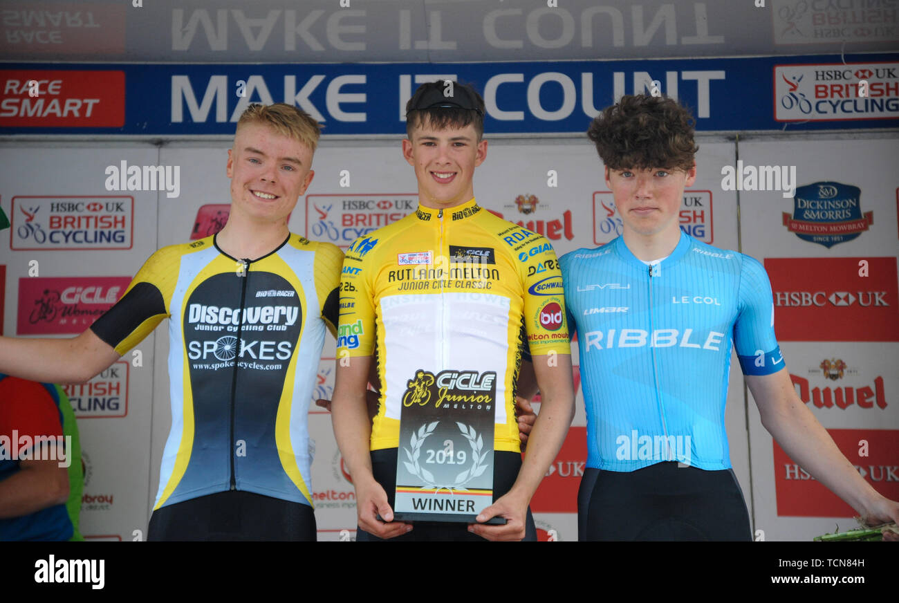Melton Mowbray, Leicestershire, UK,  9th June 2019. Samuel Watson, Fensham Howes - MAS Design wins the 2019 6th Junior CiCLE Classic Cycle Race in Melton Mowbray part of the British Cycling National Junior Road Race Series. @ Credit: David Partridge/Alamy Live News Stock Photo