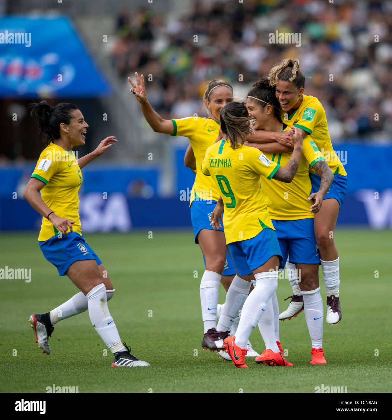 Grenoble, France. 09th June, 2019. BRAZIL VS. JAMAICA - Cristiane do Brasil celebrates after scoring a goal (3-0), her third, during a match between Brazil and Jamaica, valid for the 2019 FIFA Women&#39;s World Cup, held on Sunday, June 9, 2019, at the Stadium Stade des Alpes in Grenoble, France. Credit: Foto Arena LTDA/Alamy Live News Stock Photo
