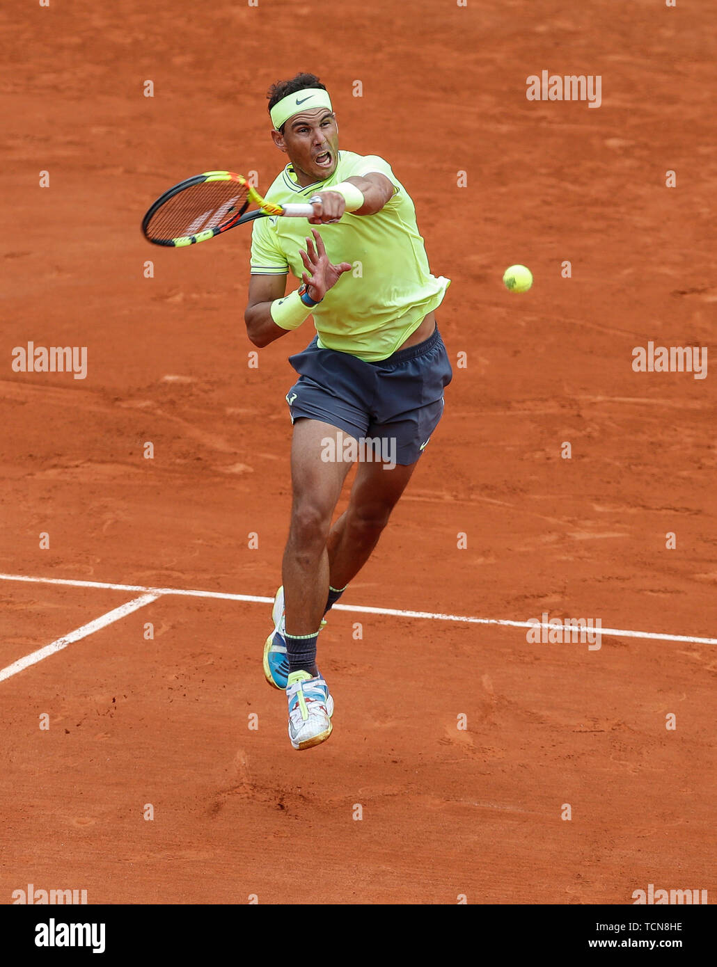 Paris, France. 9th June, 2019. Rafael Nadal of Spain competes during the  men's singles final with Dominic Thiem of Austria at French Open tennis  tournament 2019 at Roland Garros, in Paris, France