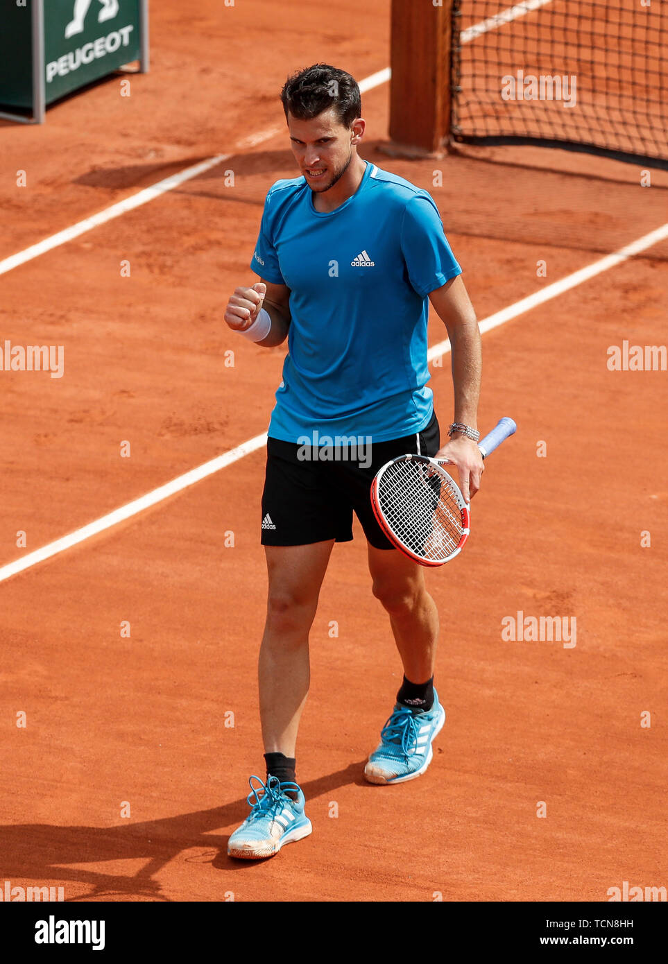 Paris, France. 9th June, 2019. Dominic Thiem of Austria reacts during the men's singles final with Rafael Nadal of Spain at French Open tennis tournament 2019 at Roland Garros, in Paris, France on June 9, 2019. Credit: Han Yan/Xinhua/Alamy Live News Stock Photo