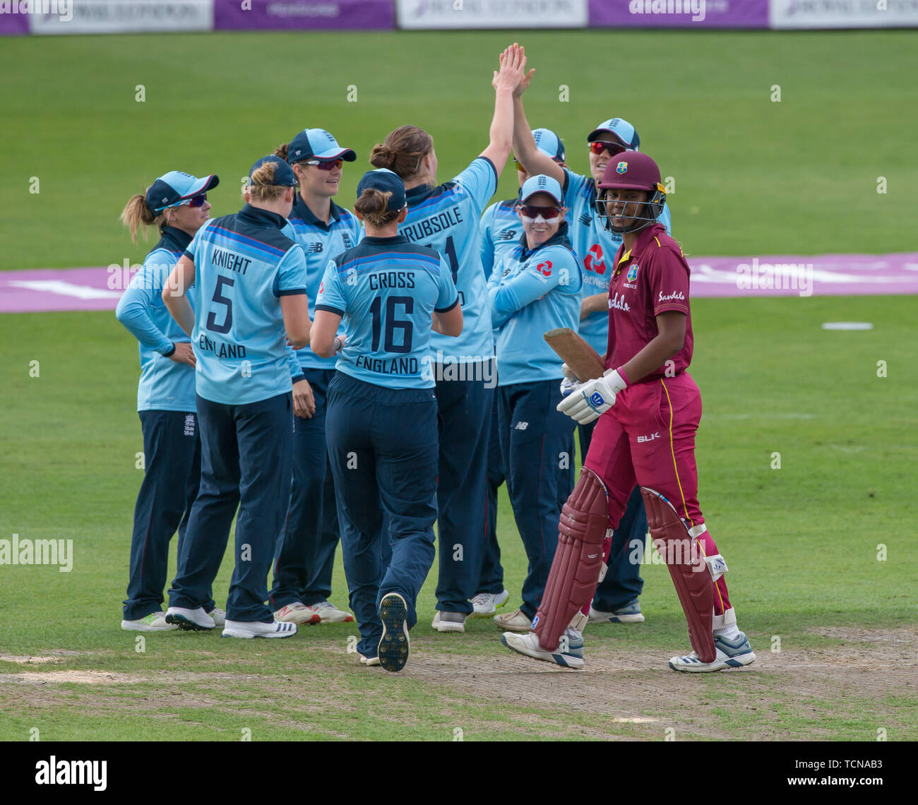 Worcester, UK. 9th June 2019, Blackfinch New Road, Worcester, England, 2nd Royal London Womens Cricket ODI, England versus West Indies; Hayley Matthews (Cpt) has a wry smile as she walks past a jubilant Engand team after being caught behind by Sarah Taylor off the bowling of Anya Shrubsole Credit: Action Plus Sports Images/Alamy Live News Stock Photo