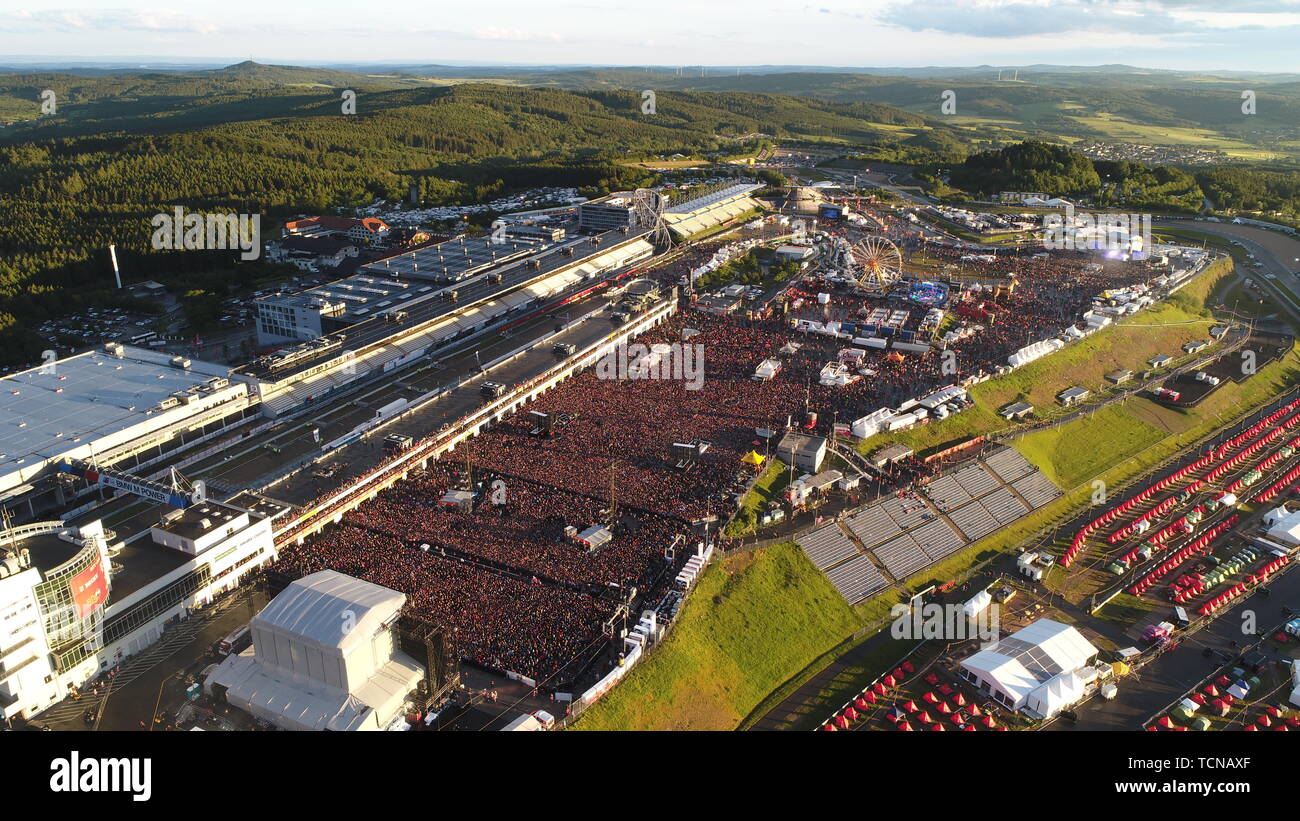 08 June 2019, Rhineland-Palatinate, Nürburg: The aerial photo with a drone  shows the grounds of the open-air festival "Rock am Ring". On three days  more than 70 bands perform here on three