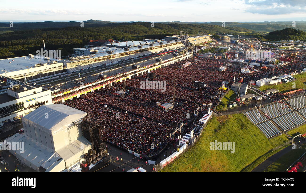 08 June 2019, Rhineland-Palatinate, Nürburg: The aerial photo with a drone  shows the grounds of the open-air festival "Rock am Ring". On three days  more than 70 bands perform here on three