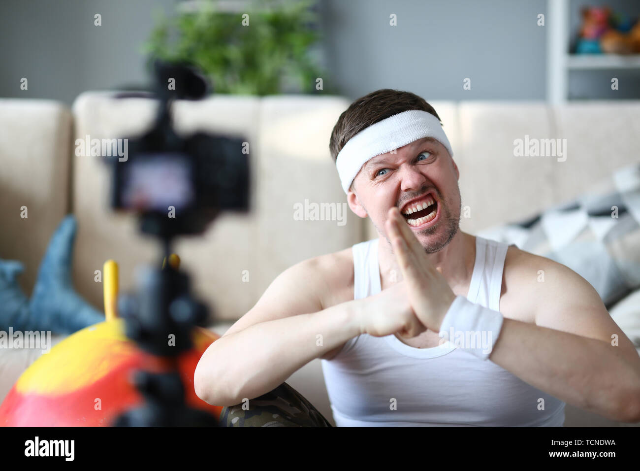 Blogger with Funny Face Record Fitness Exercise Stock Photo Alamy