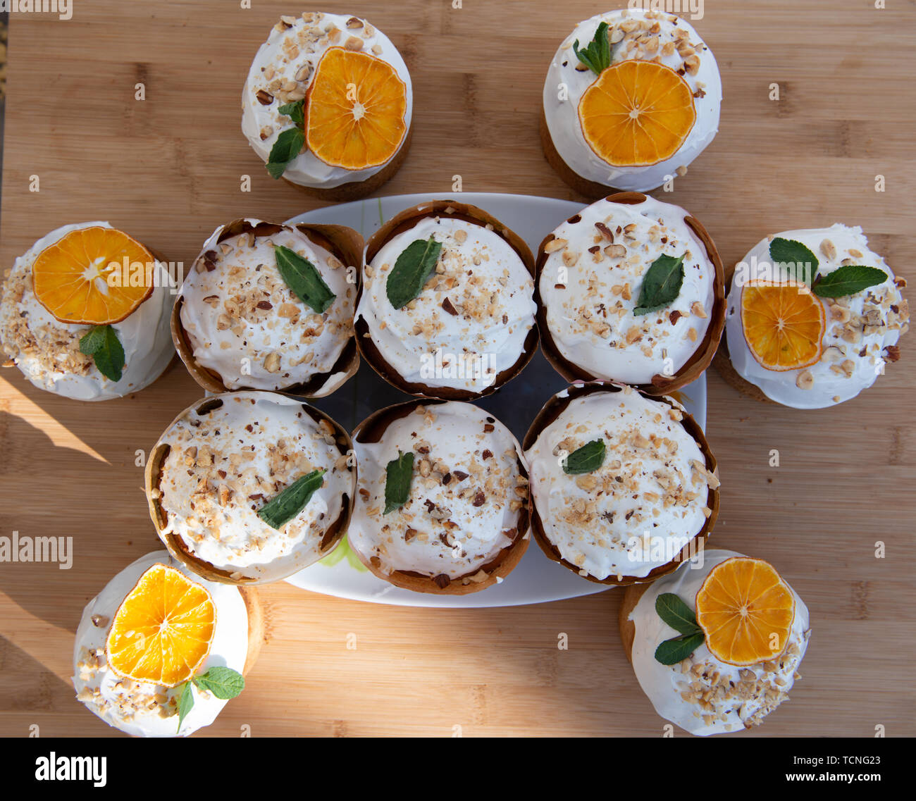Easter, Easter cake with a complex composition, beautiful scenery, dried fruits Stock Photo