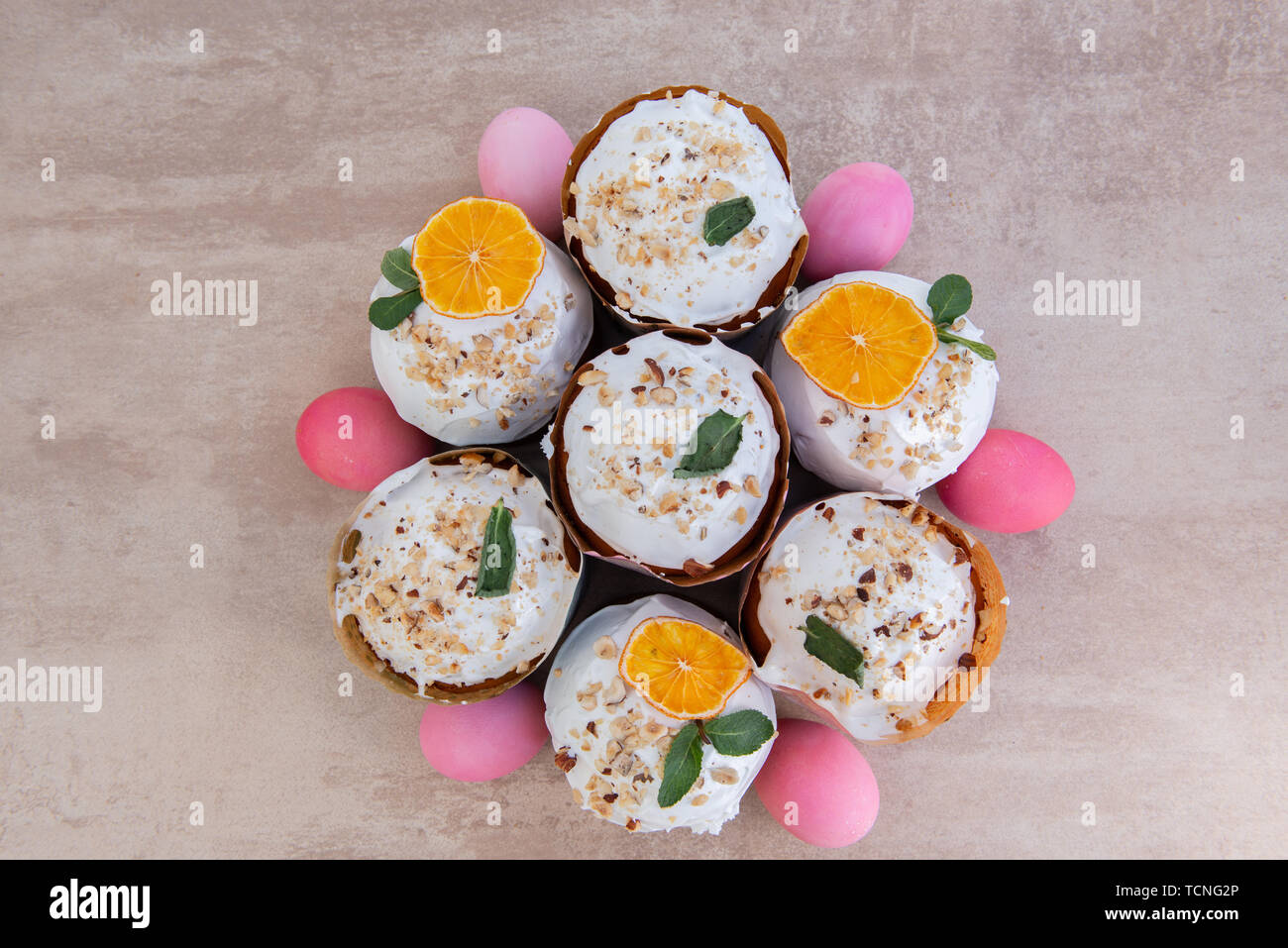 Easter, Easter cake with a complex composition, beautiful scenery, dried fruits Stock Photo