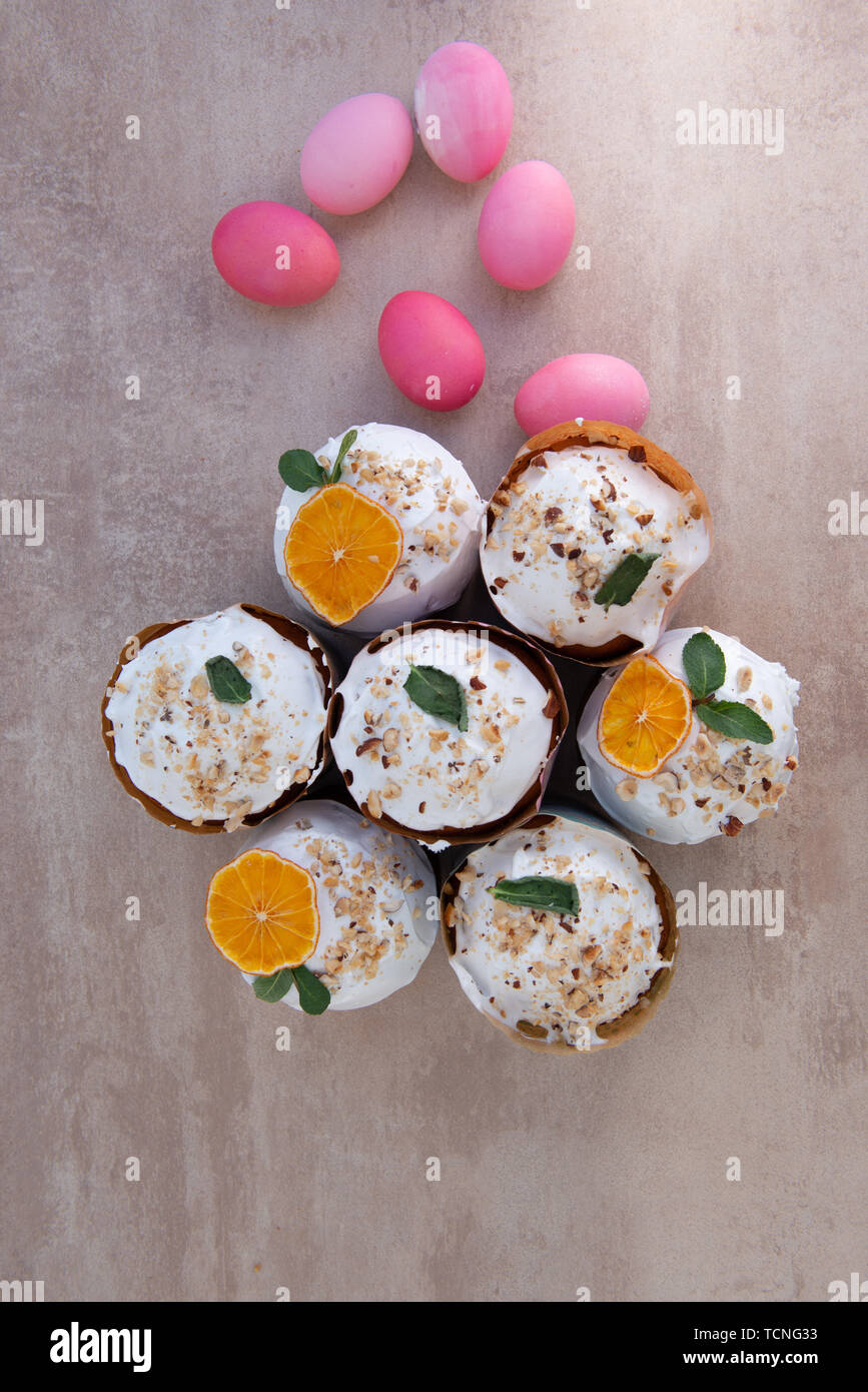 Easter, Easter cake with a complex composition, beautiful scenery, dried fruits Stock Photo
