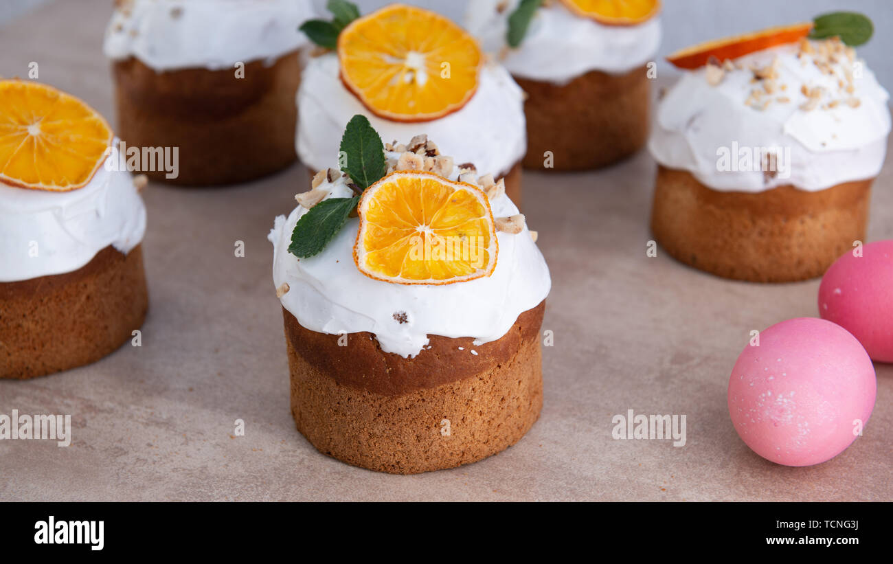 Easter, Easter cake with a complex composition, beautiful scenery, dried fruits Stock Photo