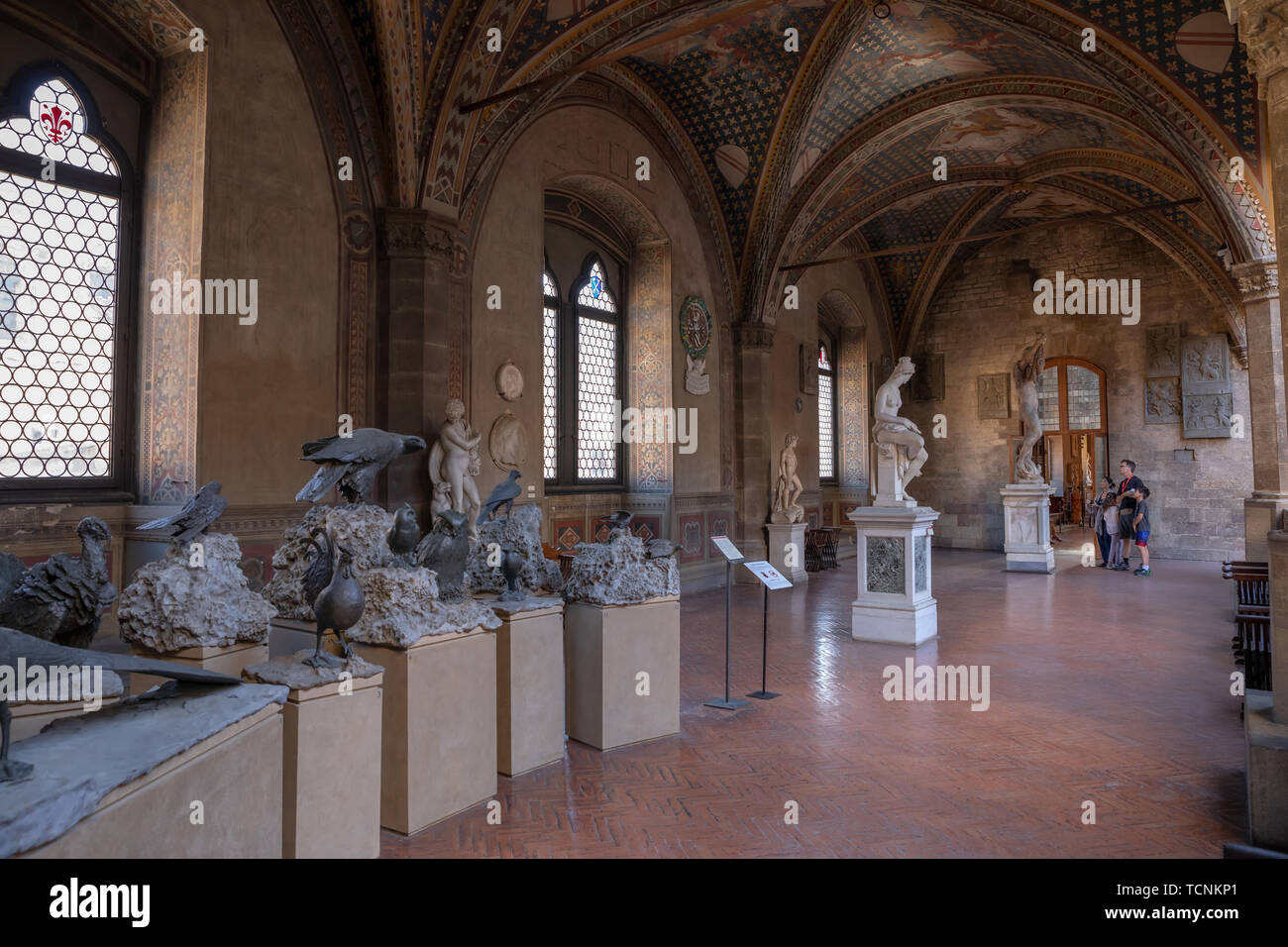 Florence, Italy - June 24, 2018: Panoramic view of sculptures in Bargello, also known as Palazzo del Bargello, Museo Nazionale del Bargello. It is for Stock Photo