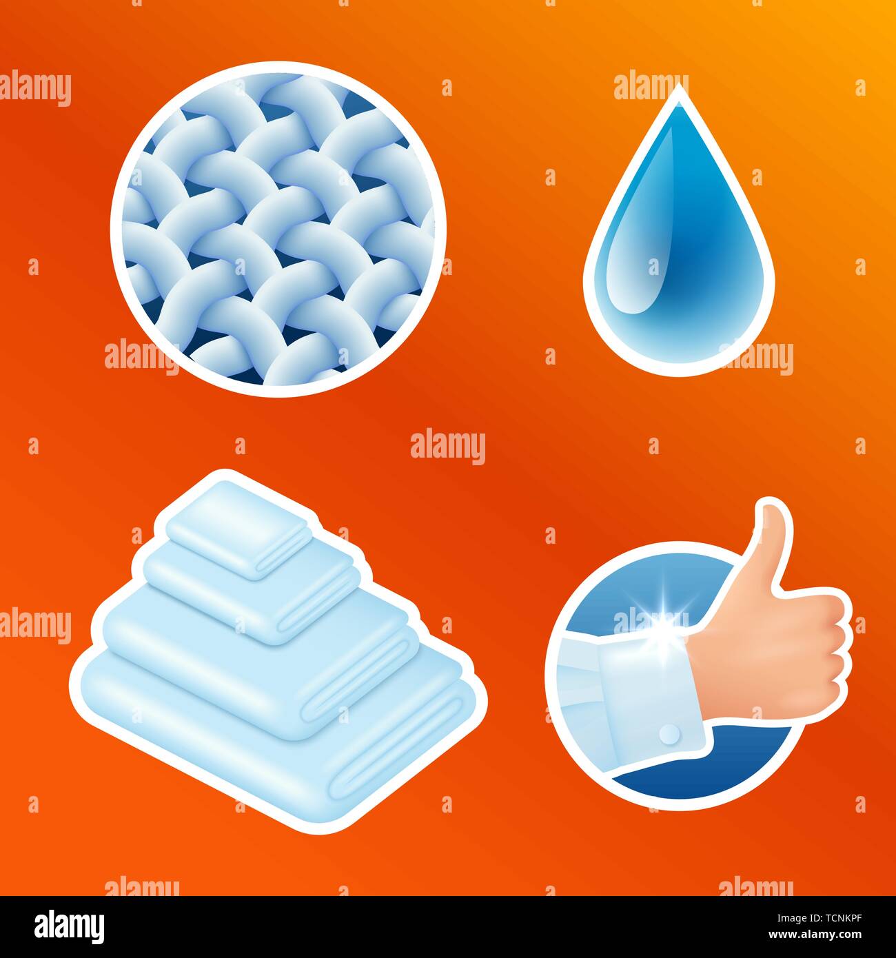 Washing clothes stickers set, clean laundry, fibers, water drop, thumbs up icons isolated, vector illustration. Stock Vector