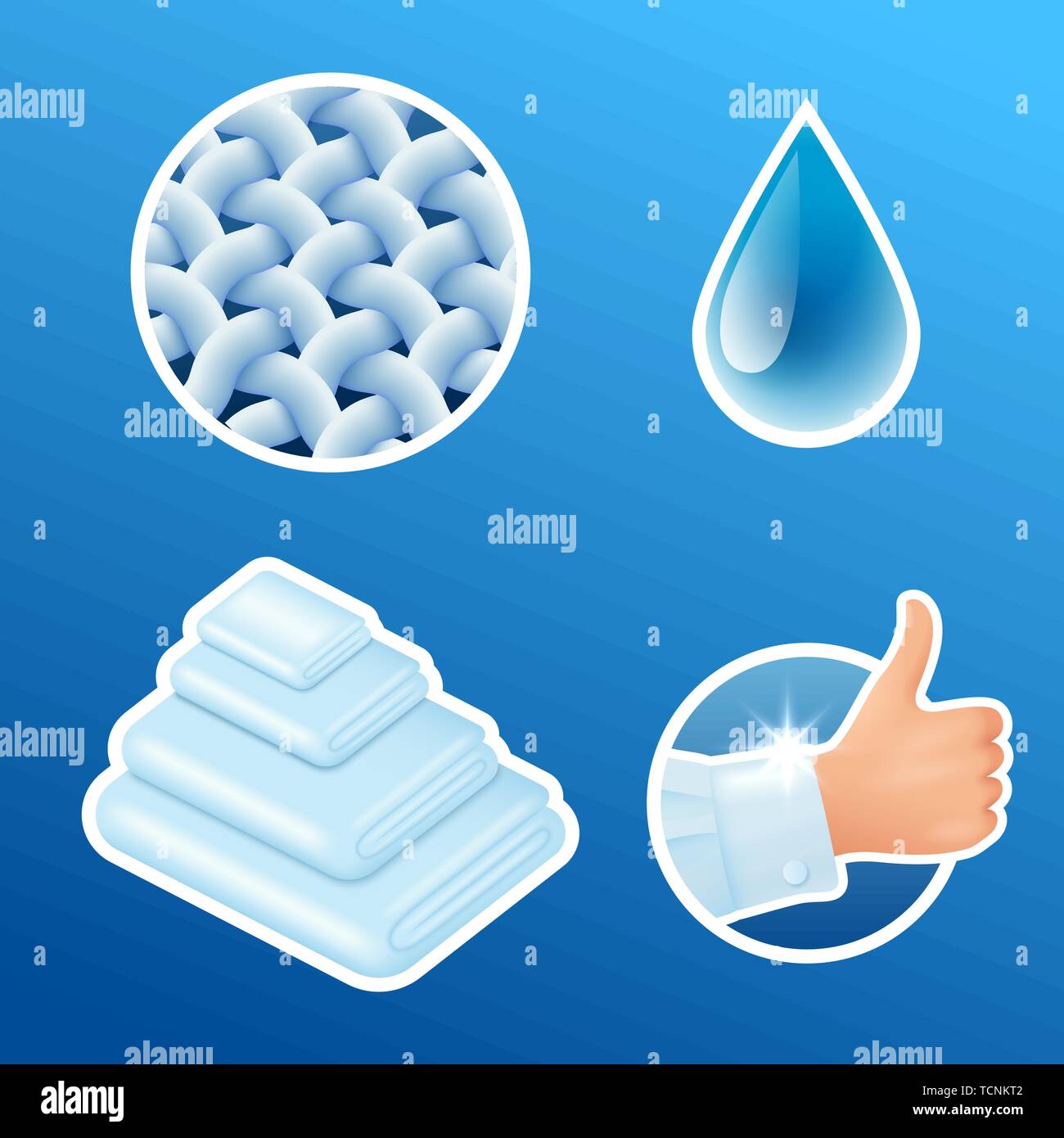 Washing clothes stickers set, clean laundry, fibers, water drop, thumbs up icons isolated, vector illustration. Stock Vector