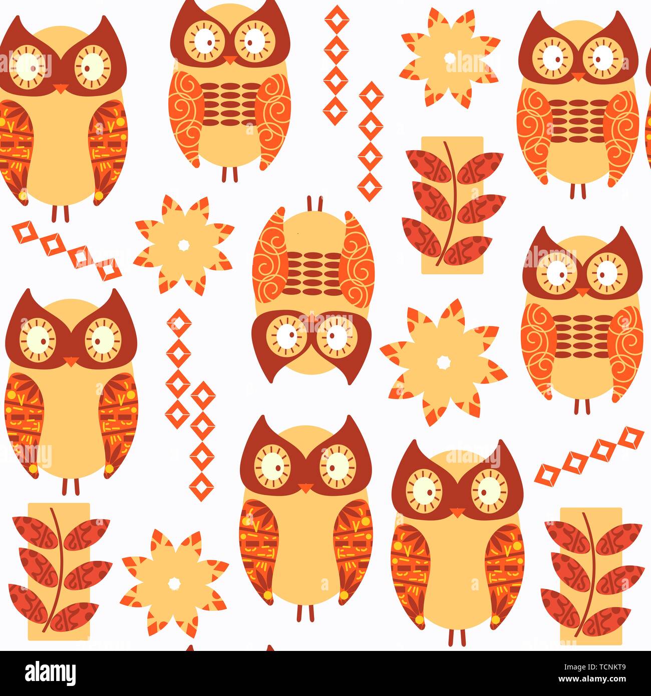 Abstract owls seamless pattern. It is located in swatch menu, vector. Isolated on white background Stock Vector
