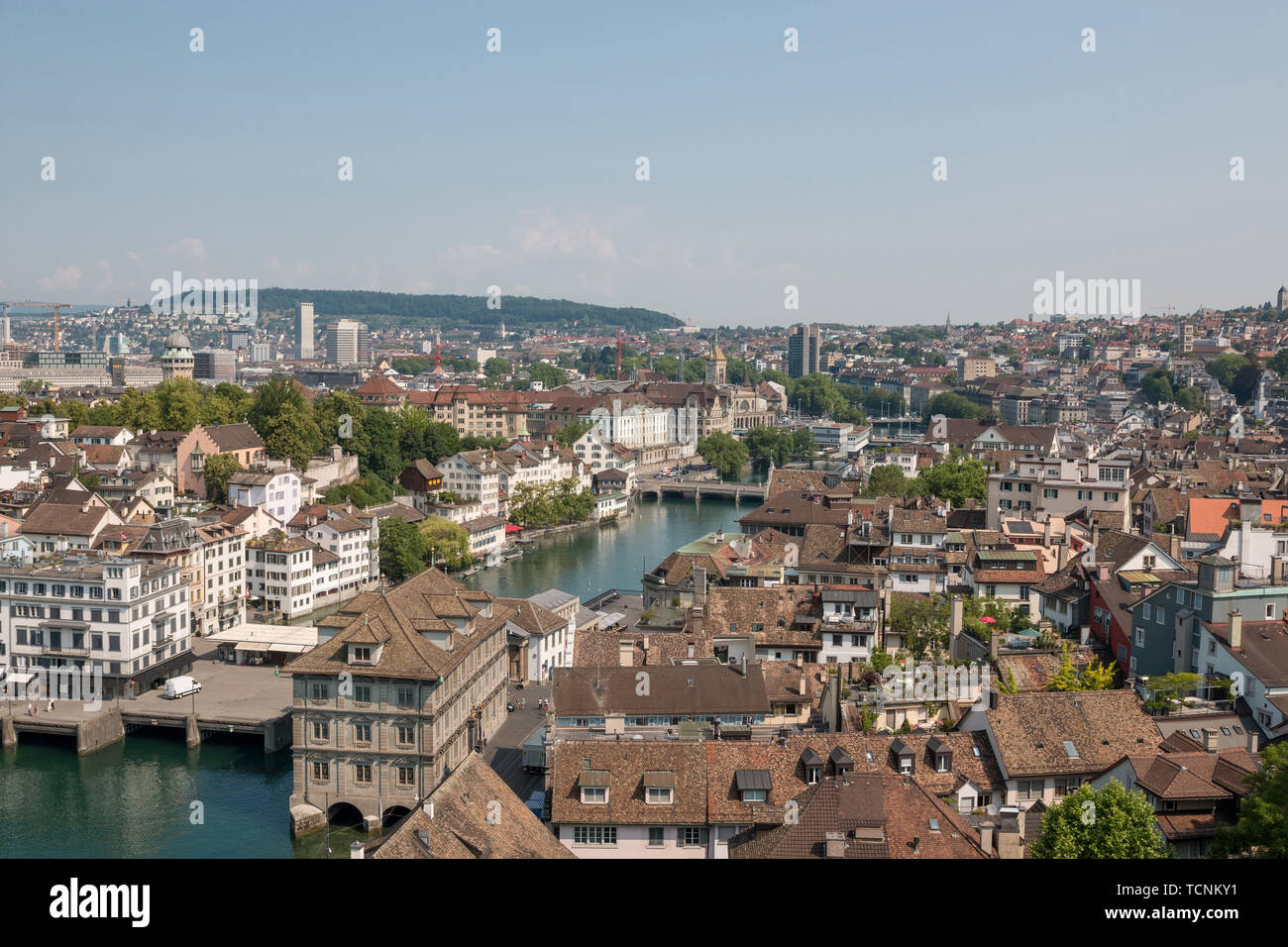Aerial view of historic Zurich city center with river Limmat from Grossmunster Church, canton of Zurich, Switzerland. Sunny day in summer Stock Photo