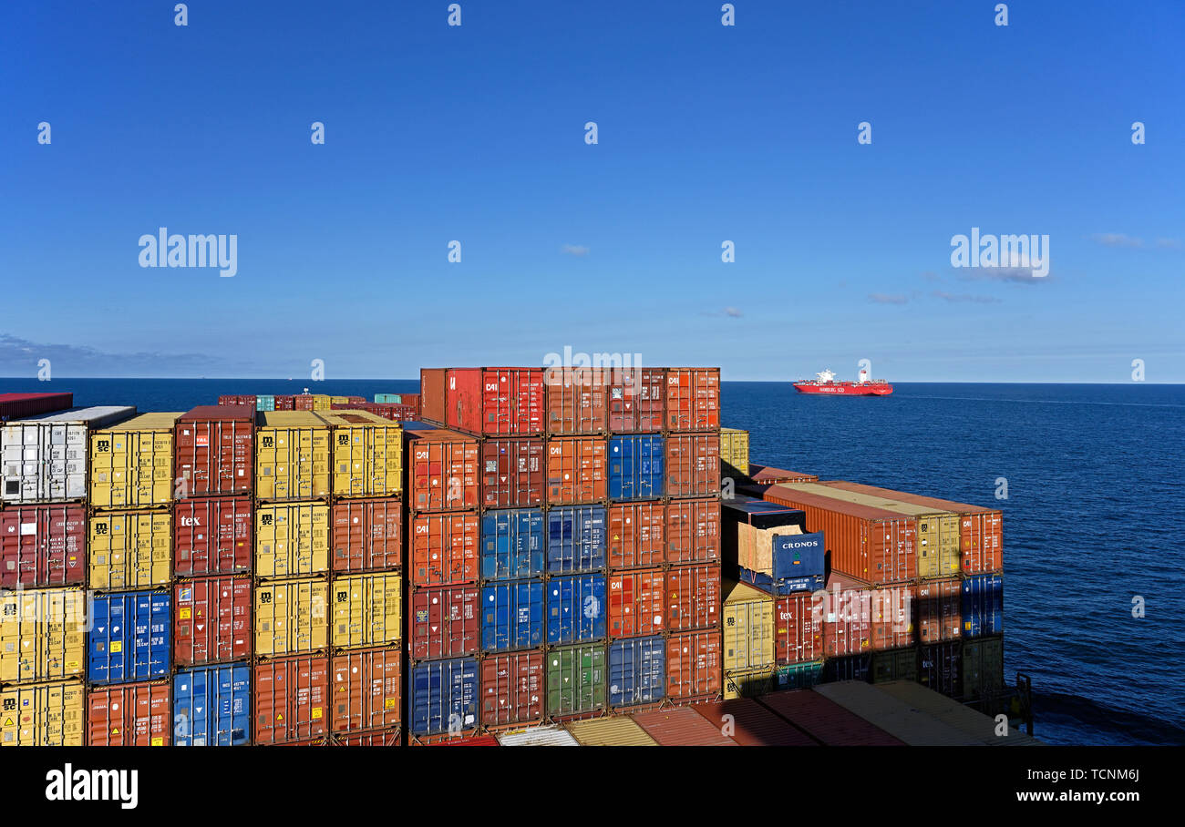 north sea off dutch coast, netherlands - 2019.05.14:  view onto deck stowed containers of containership conti annapurna (imo# 9286255) (2004 / 90745 g Stock Photo