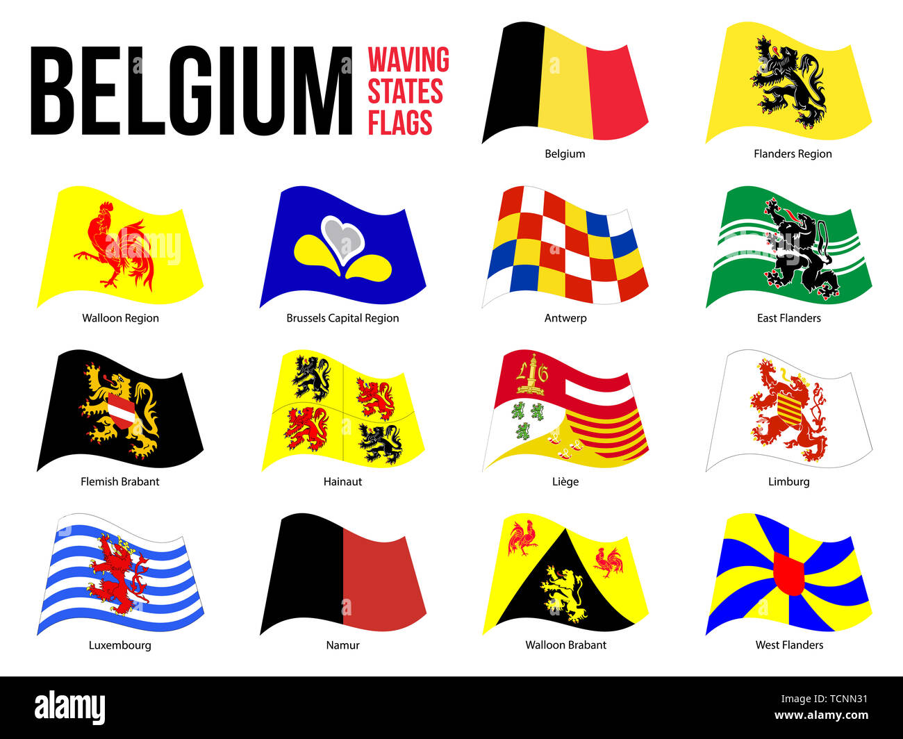 Belgium All Region & Provinces Flag Waving Vector Illustration on White Background. Flags of Belgium. Correct Size, Proportion and Colors. Stock Photo