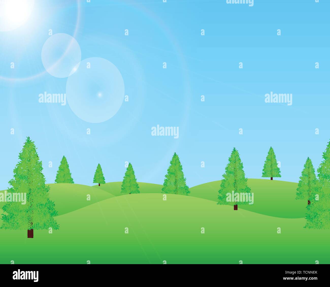 Sunny summer landscape. Green pine trees and hills. Blue sky in the background, with sunshine. Stock Vector