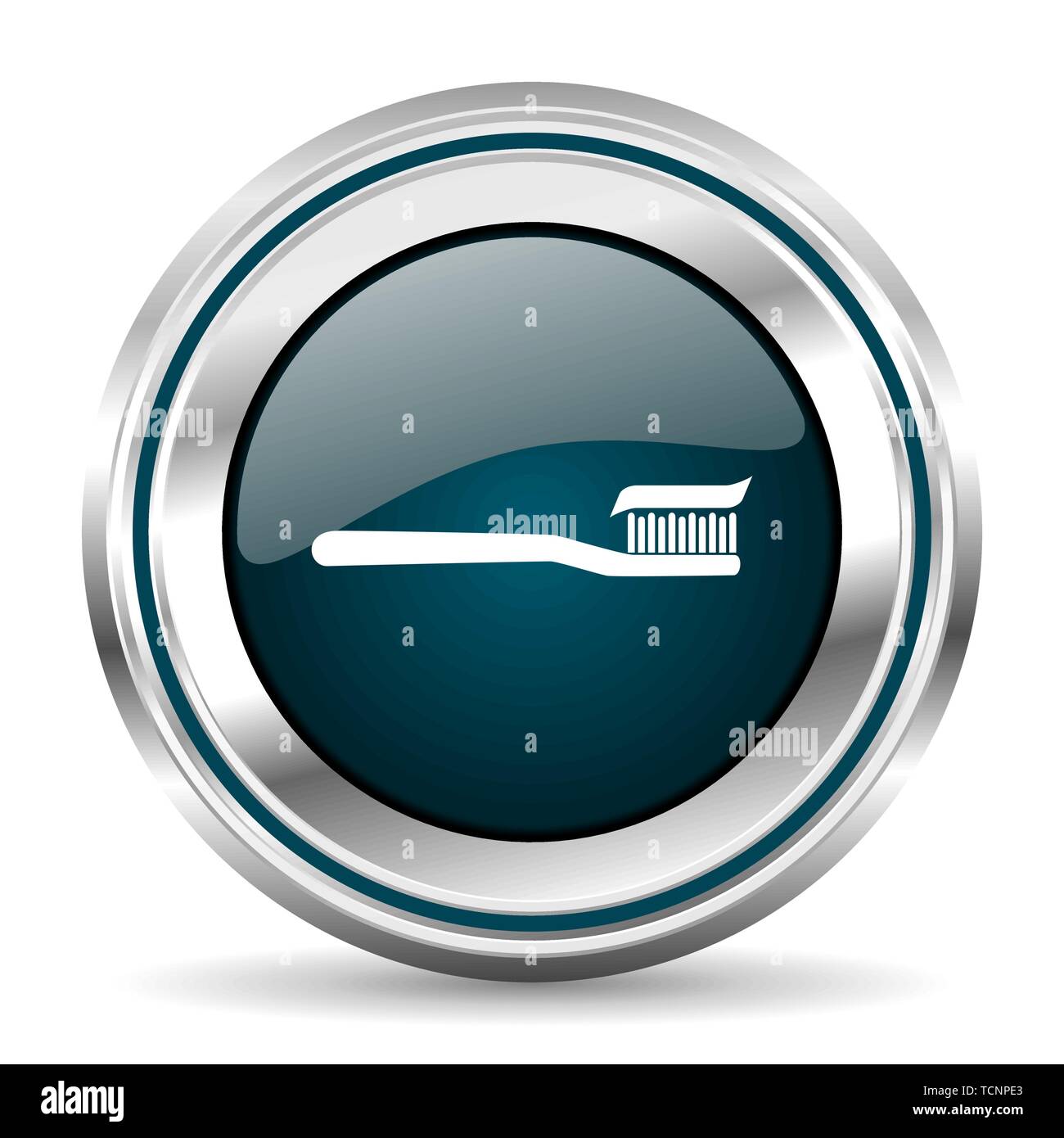 Toothbrush vector icon. Chrome border round web button. Silver metallic ...