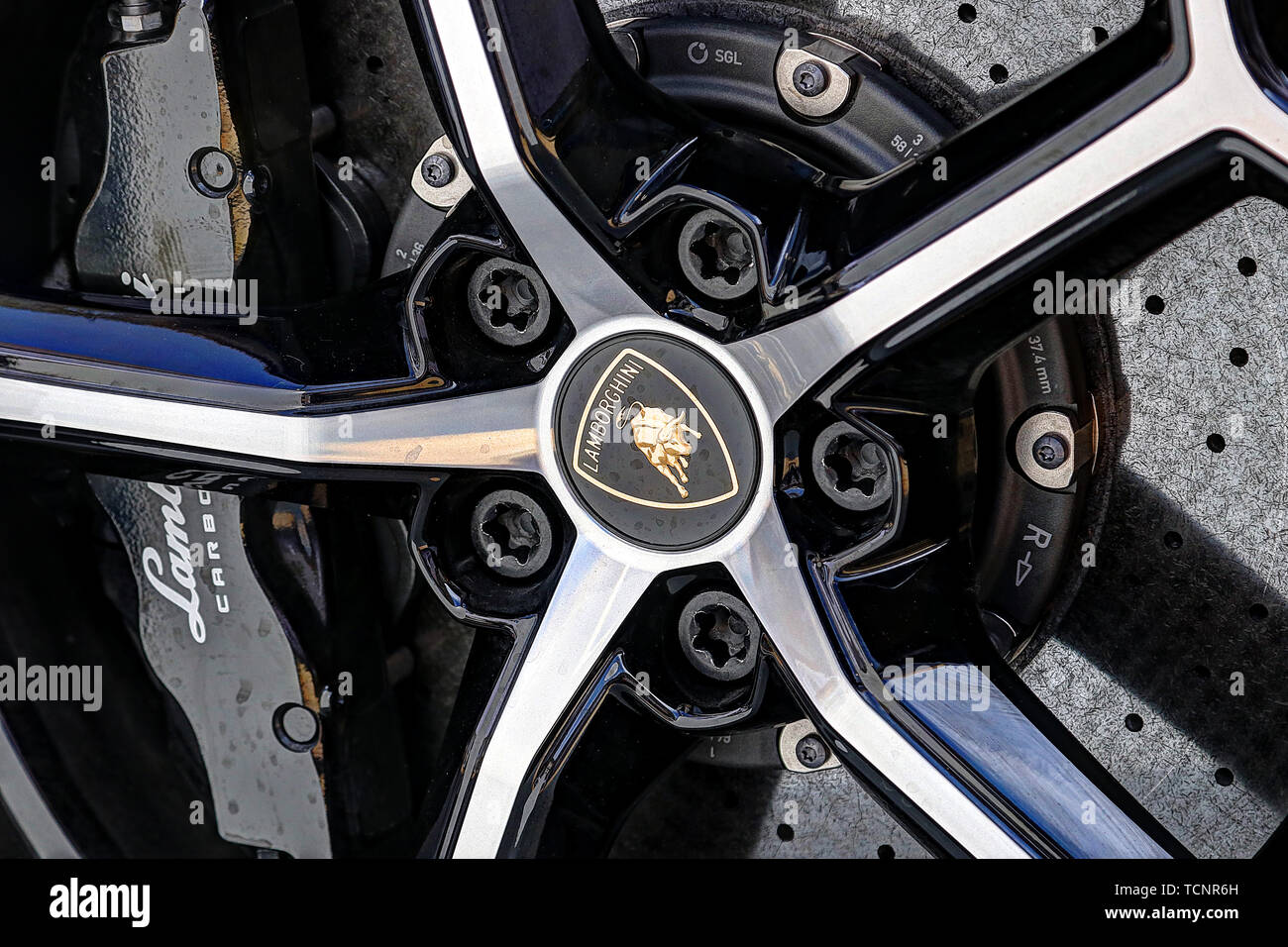 MODENA, ITALY, May 16 2019 - Motor Valley Fest exhibition, Lamborghini wheel desih detail with bull logo Stock Photo