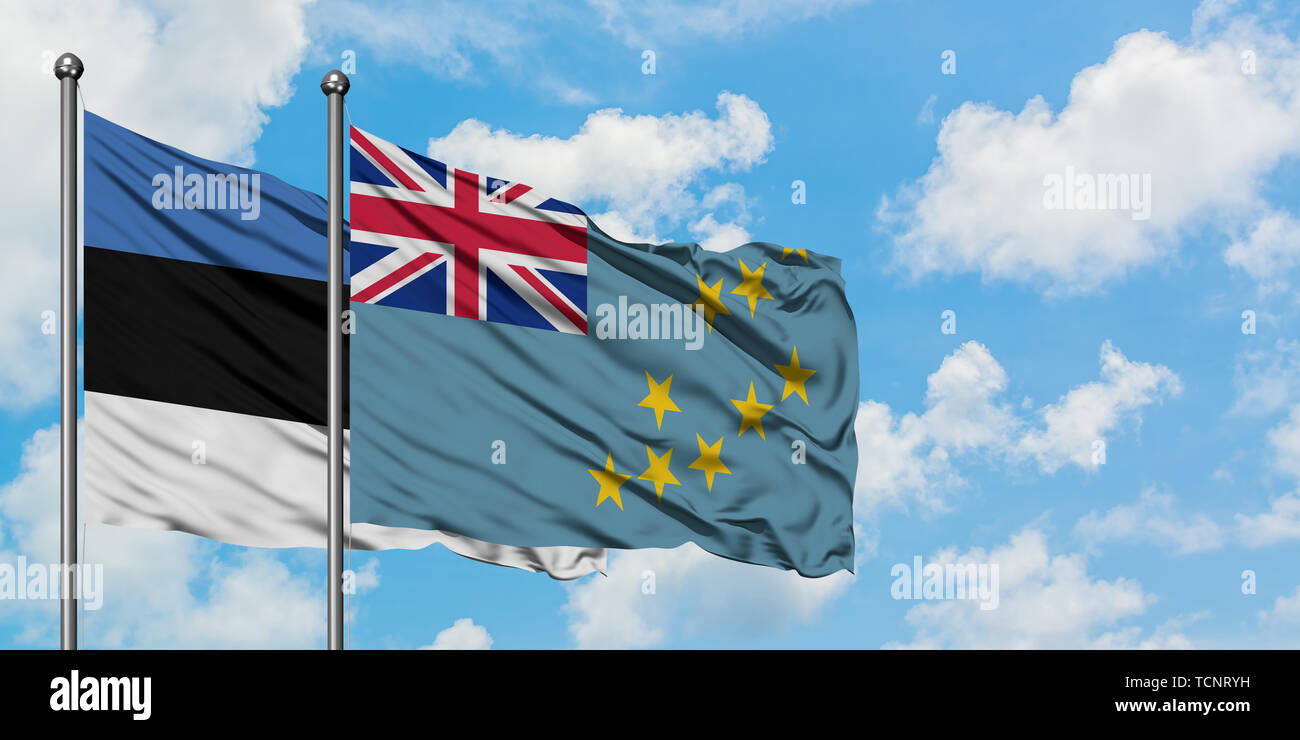 Estonia and Tuvalu flag waving in the wind against white cloudy blue ...
