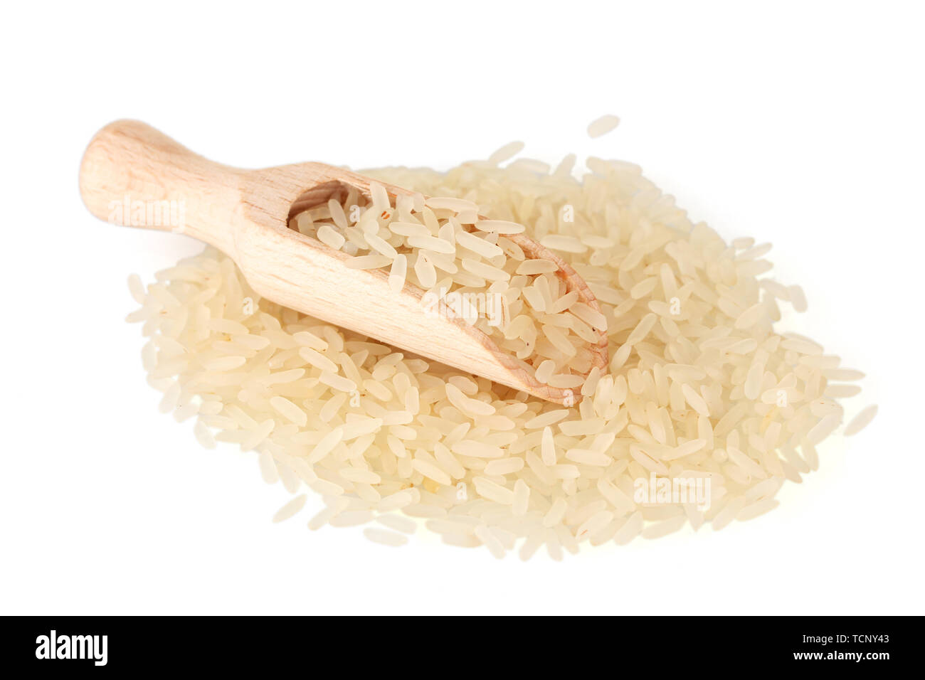 rice  in wooden scoop isolated on white background Stock Photo