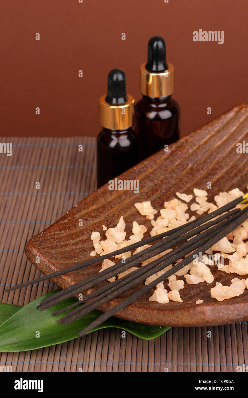 aromatherapy setting on brown background Stock Photo - Alamy