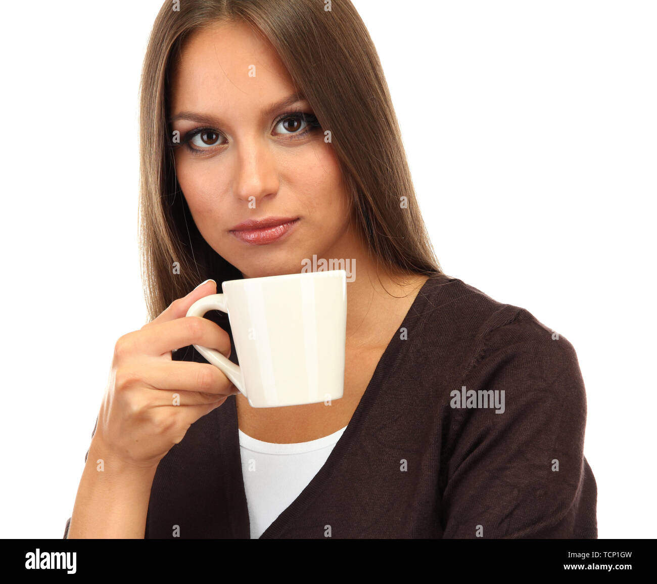 beautiful young woman with cup of coffee, isolated on white Stock Photo ...