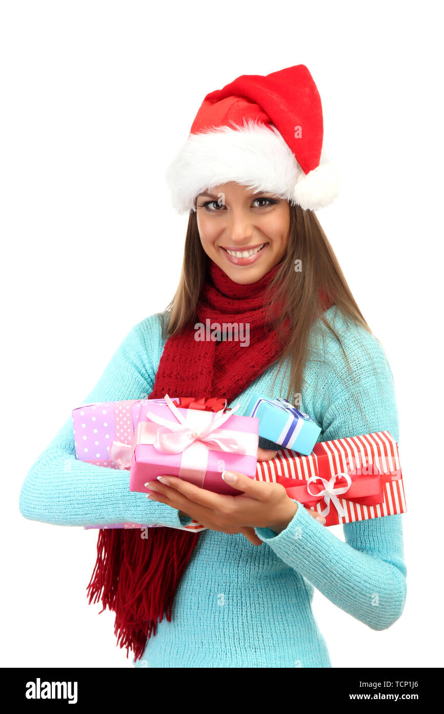 beautiful young woman with gifts, isolated on white Stock Photo - Alamy