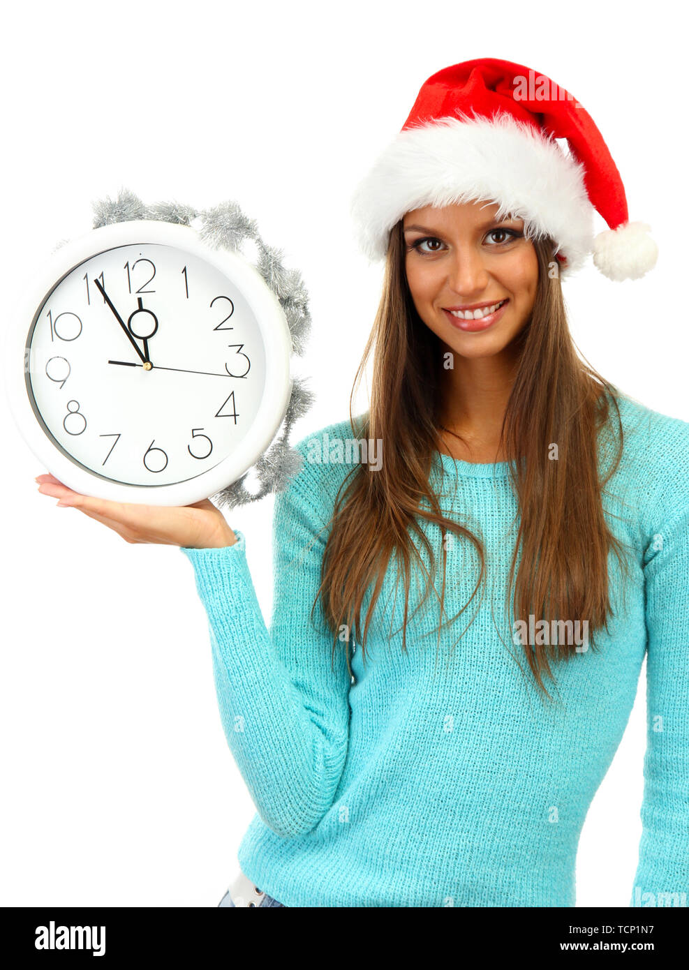 beautiful young woman with clock, isolated on white Stock Photo - Alamy