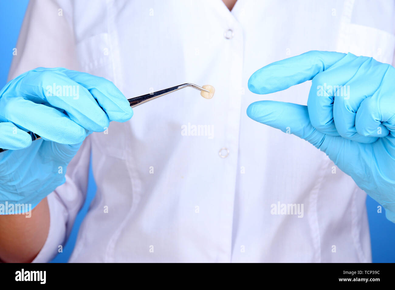 A dentists hands in blue medical gloves with dental tools Stock Photo ...