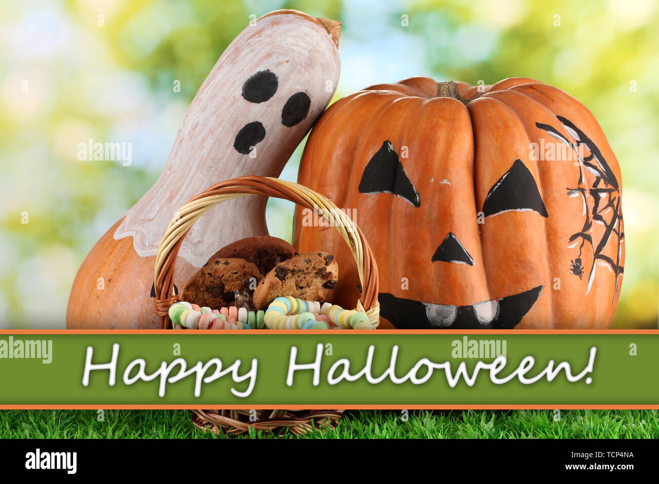 Halloween pumpkins on grass on bright background Stock Photo - Alamy