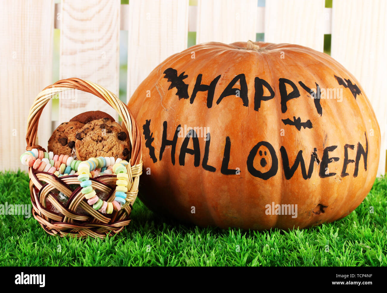 Halloween pumpkin on grass on light background Stock Photo - Alamy