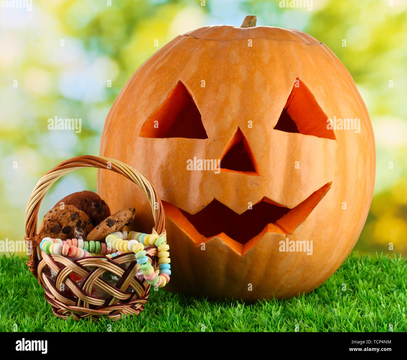 Halloween pumpkin on grass on bright background Stock Photo - Alamy