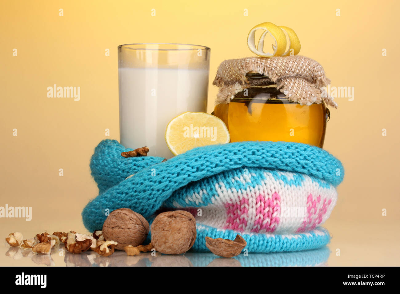 Healthy ingredients for strengthening immunity on yellow background Stock Photo