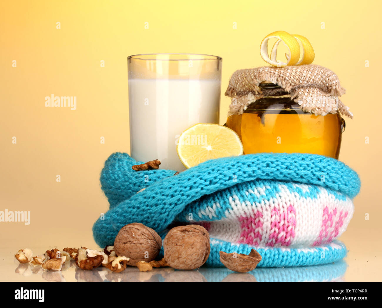 Healthy ingredients for strengthening immunity on yellow background Stock Photo