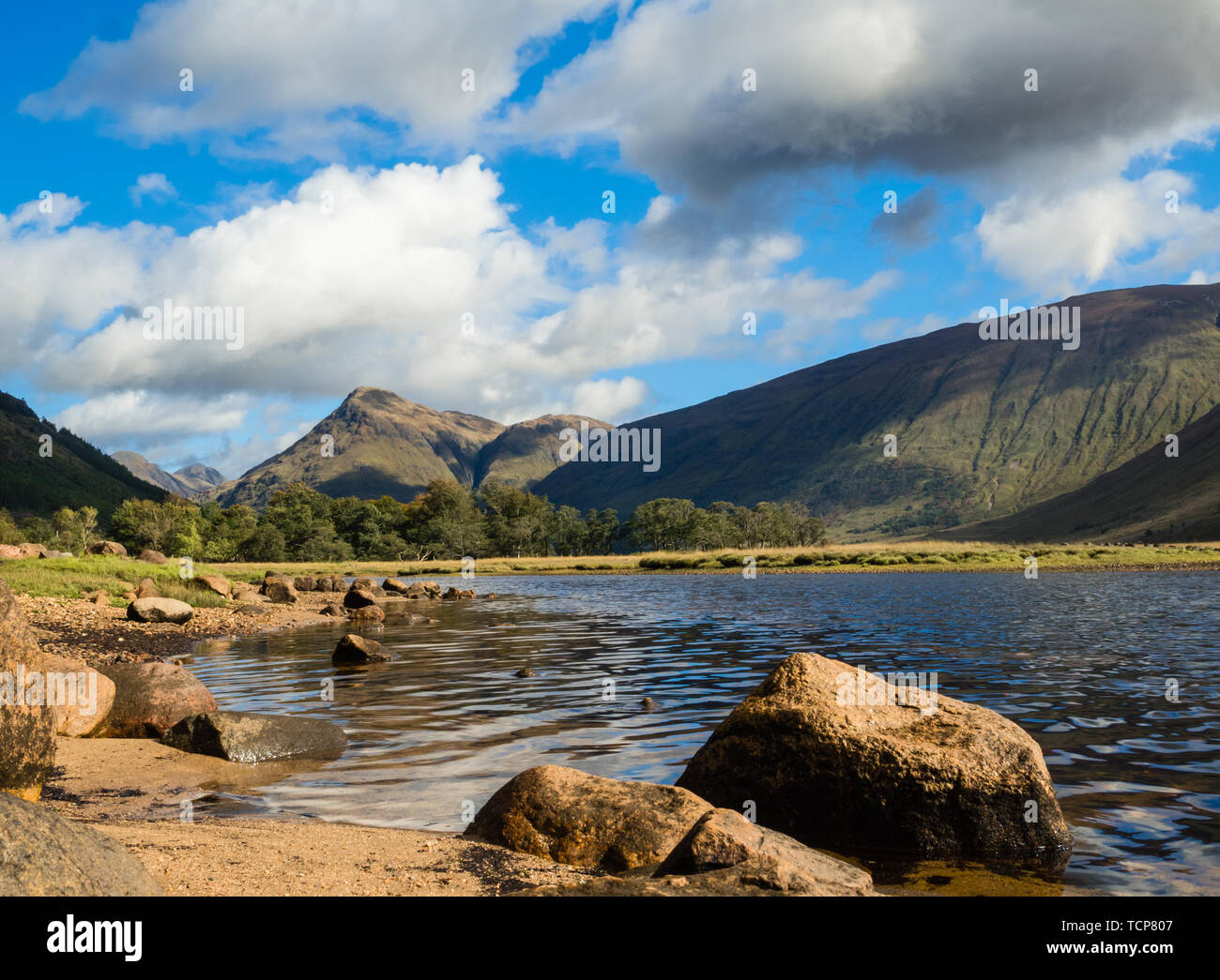 Wide view of Loch Etive in the Glencoe Valley surrounded by the ...