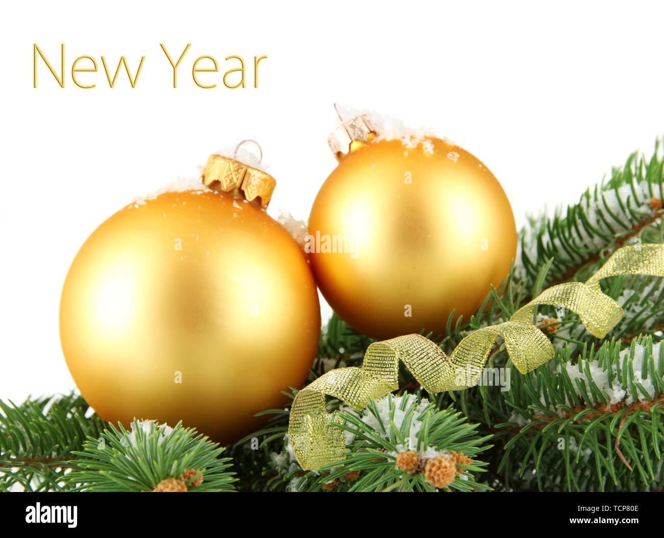 Christmas balls on fir tree with snow, isolated on white Stock Photo ...