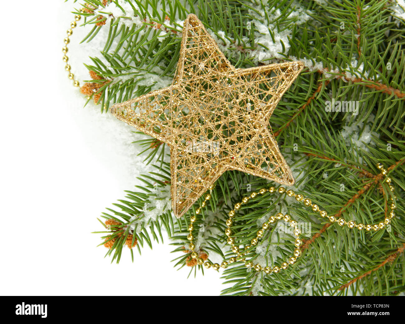 Christmas star on fir tree with snow, isolated on white Stock Photo - Alamy