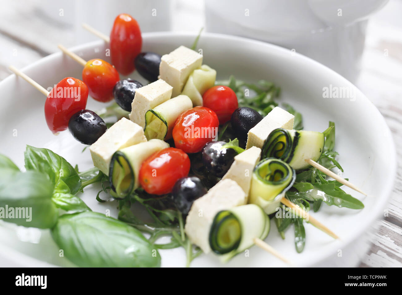 Easy to digest vegetable appetizer, Greek style shashlik. Horizontal composition, Stock Photo