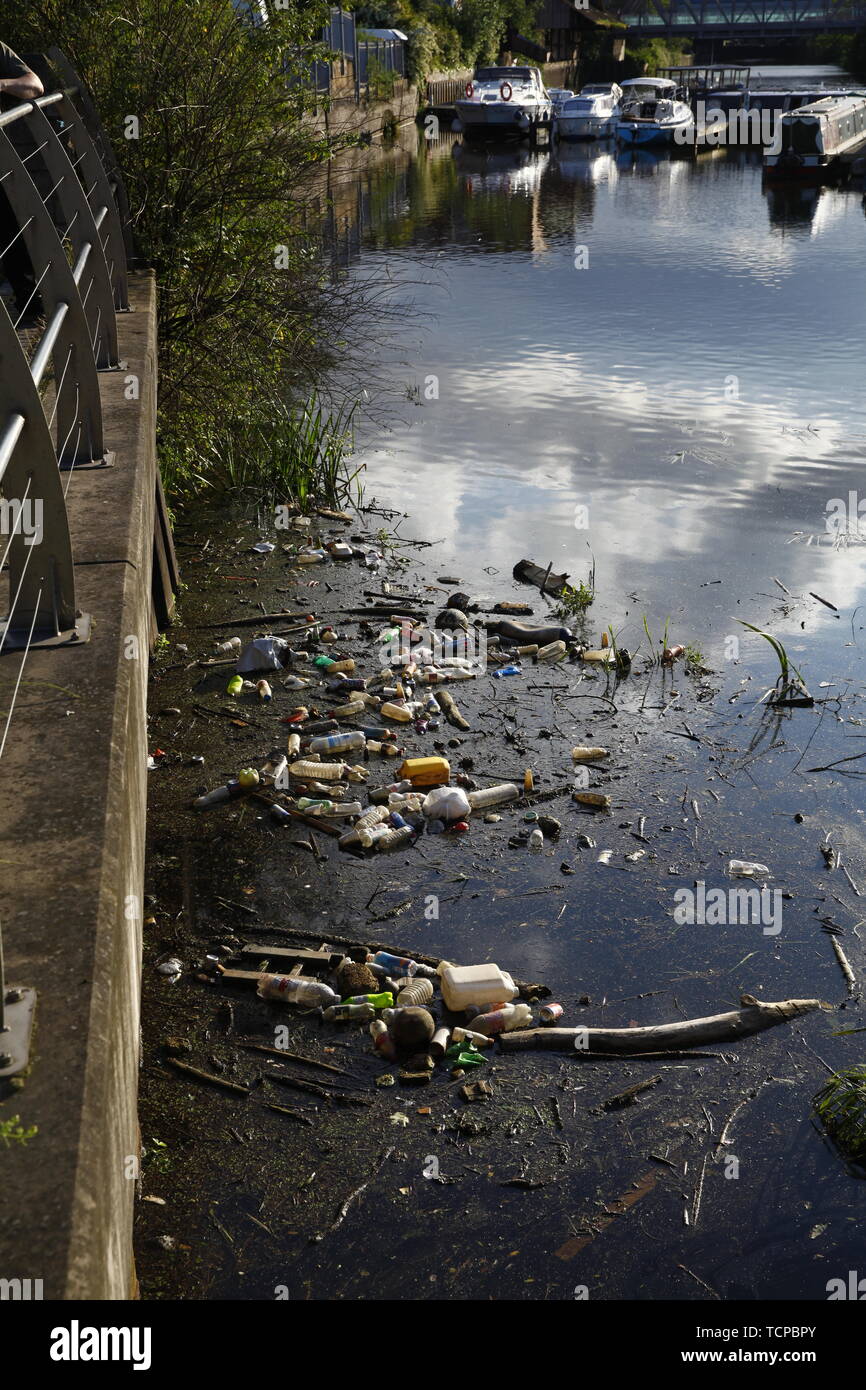 Contamination of rubbish on the canal in Doncaster town centre. Stock Photo