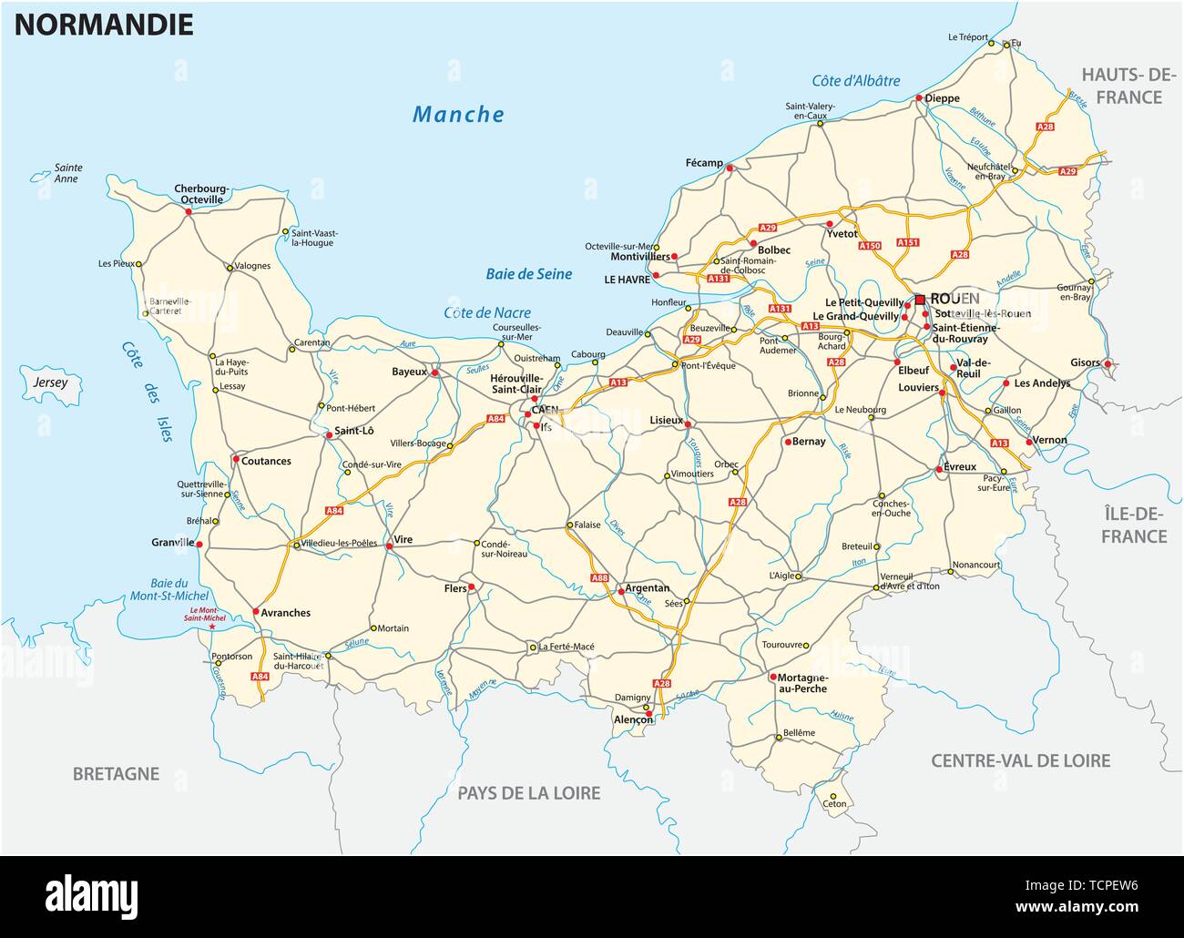 Road map of the new French region of Normandy in French language Stock Vector