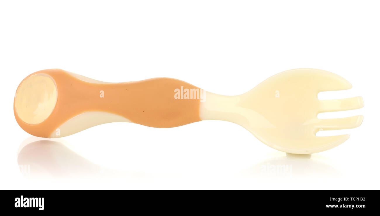 Small beige fork for babies isolated on white Stock Photo