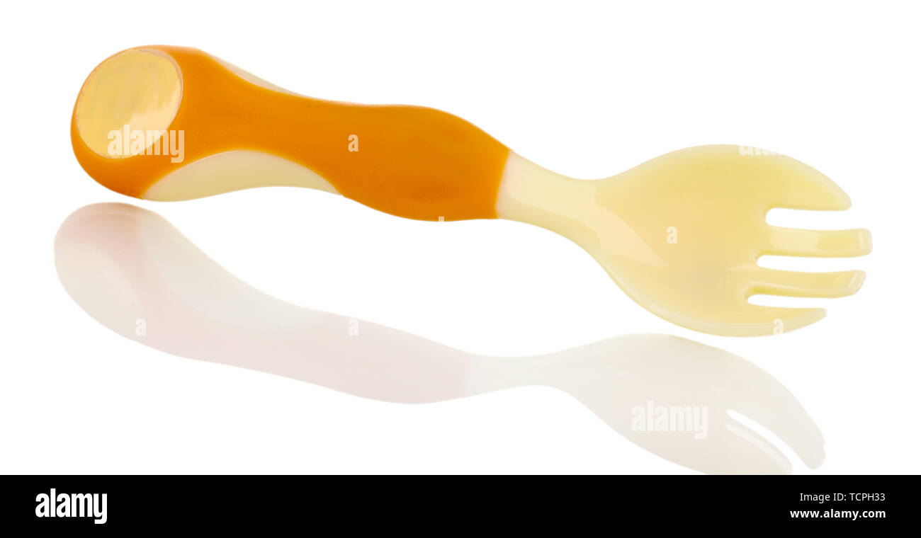 Small beige fork for babies isolated on white Stock Photo