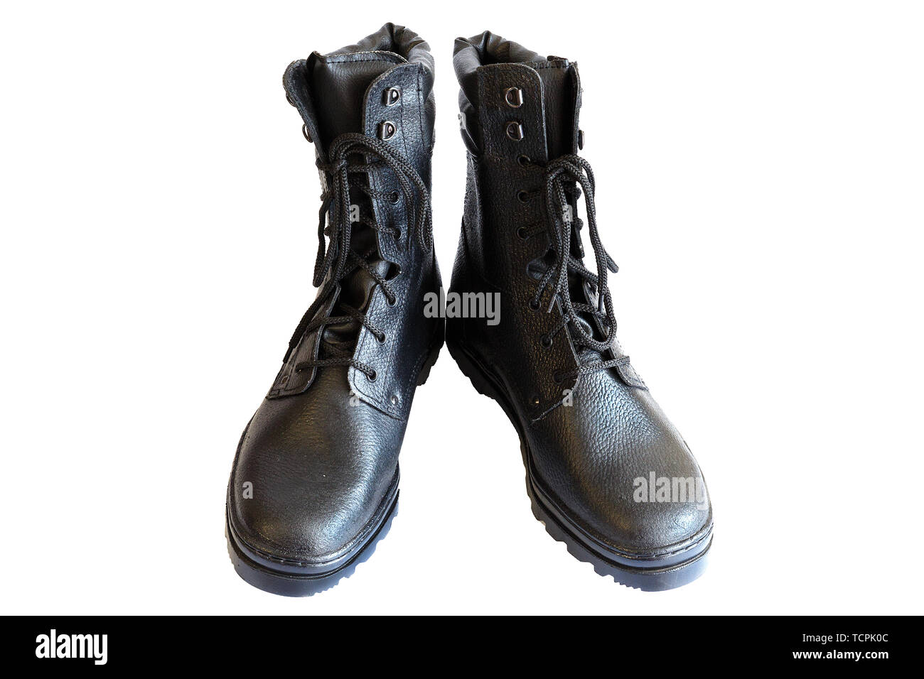 Black army boots on white background. Isolated. A pair of military