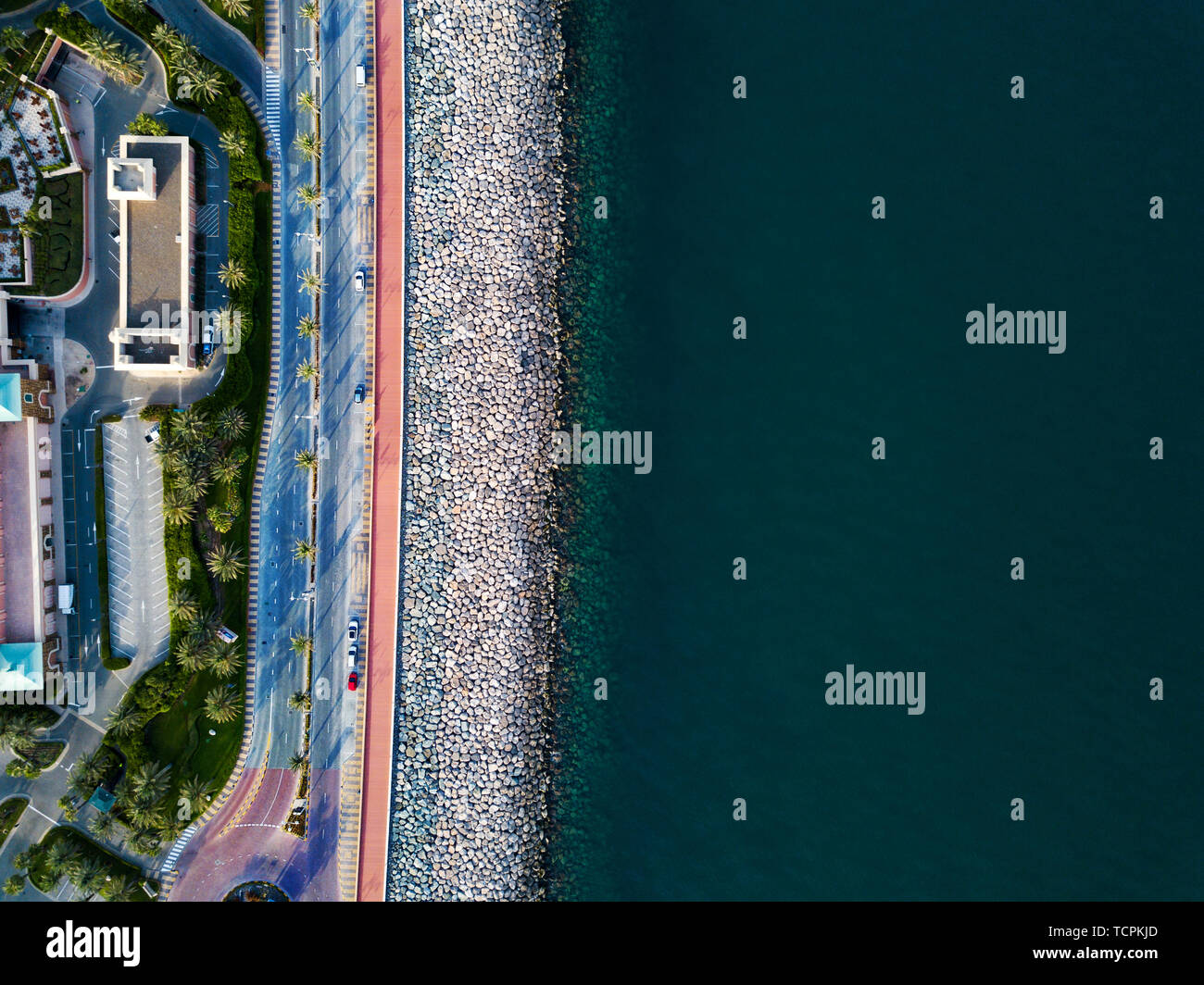 Palm Jumeirah Boardwalk in Dubai aerial view Stock Photo