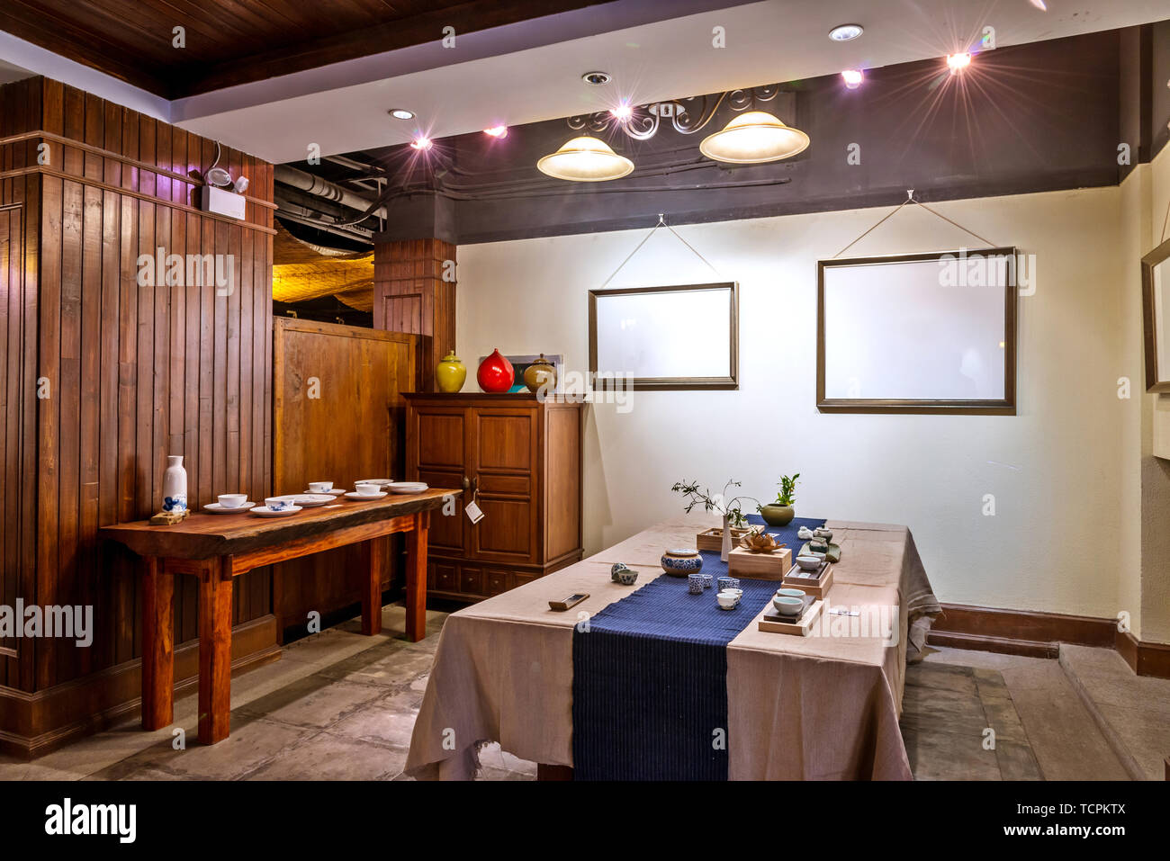 Table for tea ceremony in japanese or chinese restaurant Stock Photo