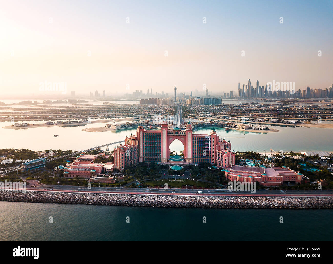Dubai, United Arab Emirates - June 5, 2019: Atlantis hotel and the whole Palm island background in Dubai aerial view Stock Photo