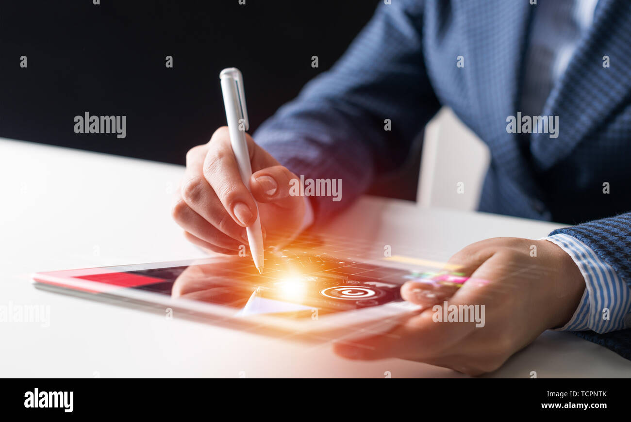 Businessman analysis trading diagram at tablet Stock Photo