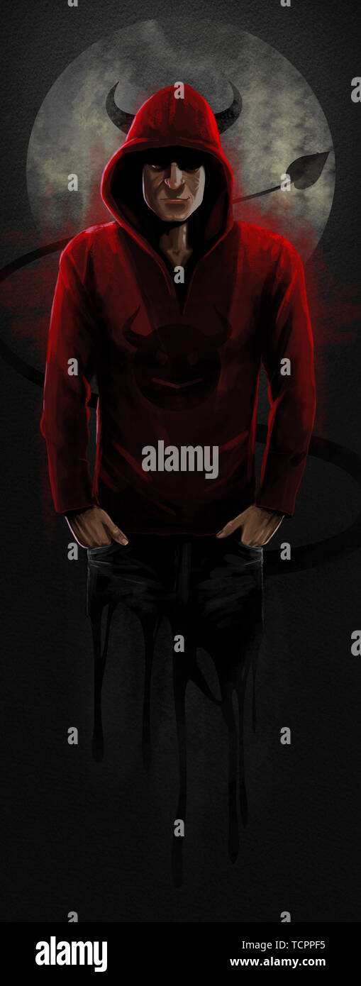 Digital liilustration of a guy in a red hoodie with devil like horns and tail on textured paper surface Stock Photo